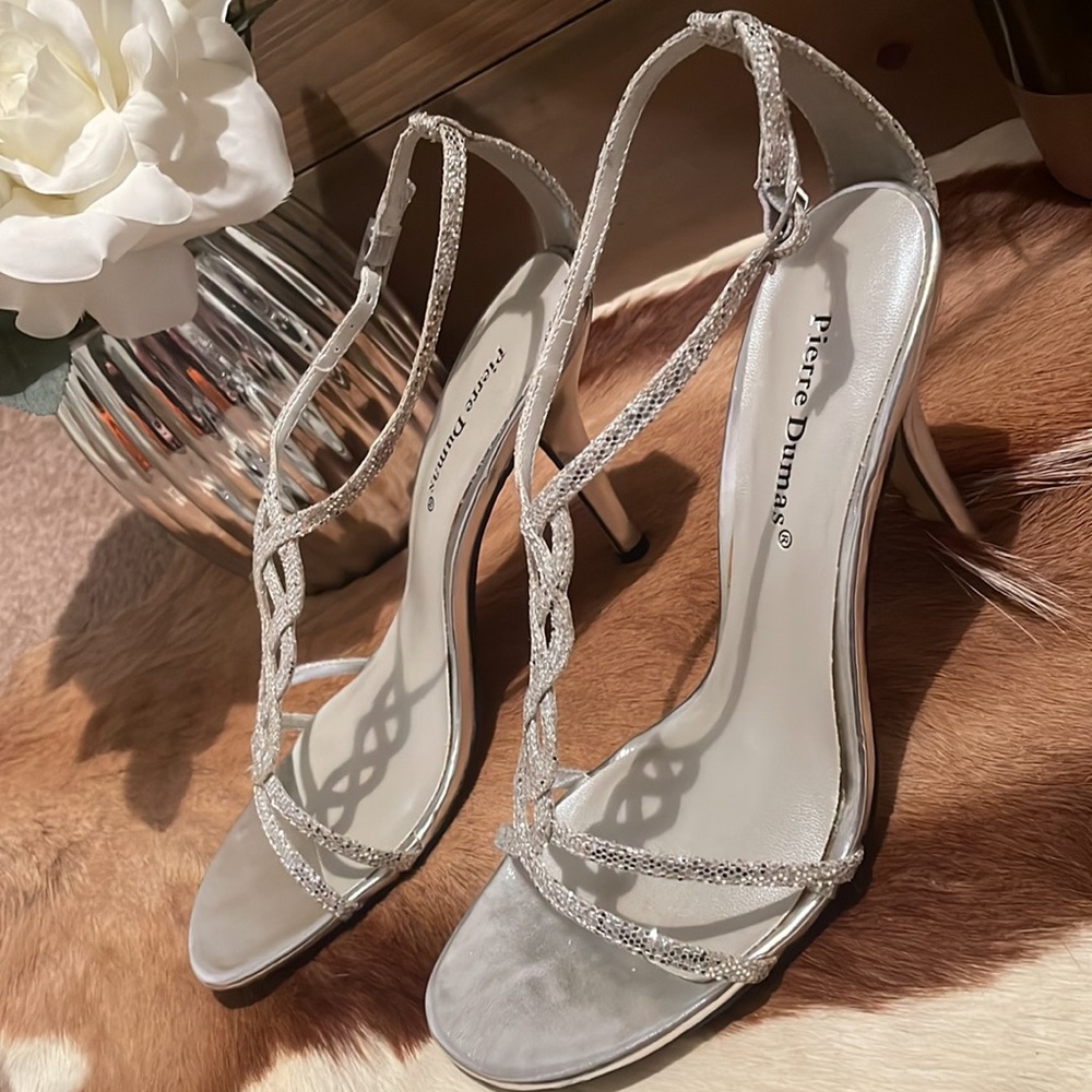 👠New Vintage Pierre Dumas Silver Sparkle Strappy Heels - Picture 4 of 11
